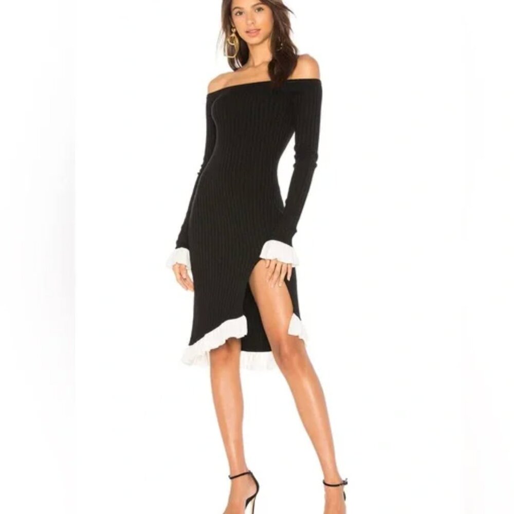 LPA Revolve Knit Rib Dress Black with White Ruffle Trims & Details